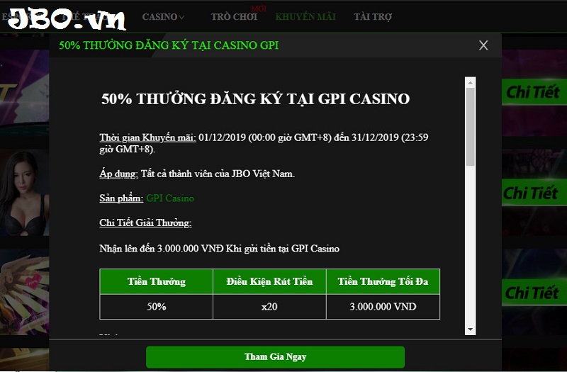 Khuyến mại JBO 50% khi đăng ký chơi tại Casino